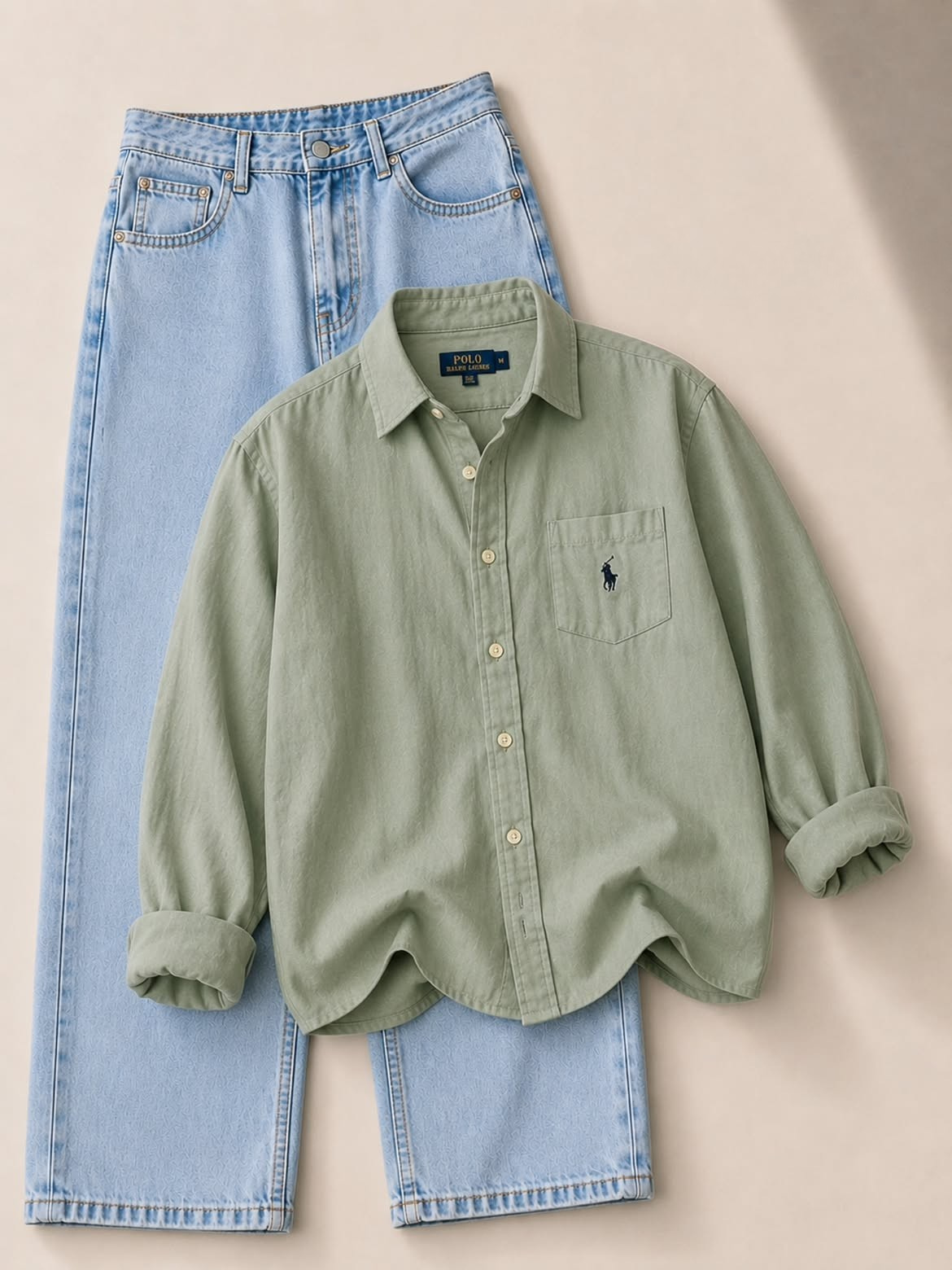 Sage Green Polo Ralph Lauren Oxford Shirt + Light Wash Wide-Leg Jeans