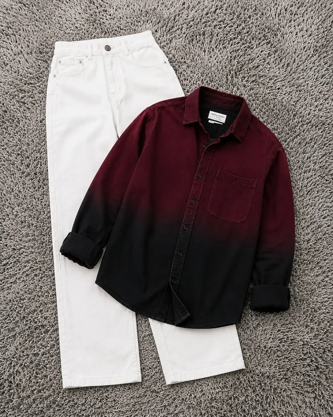 Burgundy-to-Black Ombre Denim Overshirt + White Wide-Leg Jeans