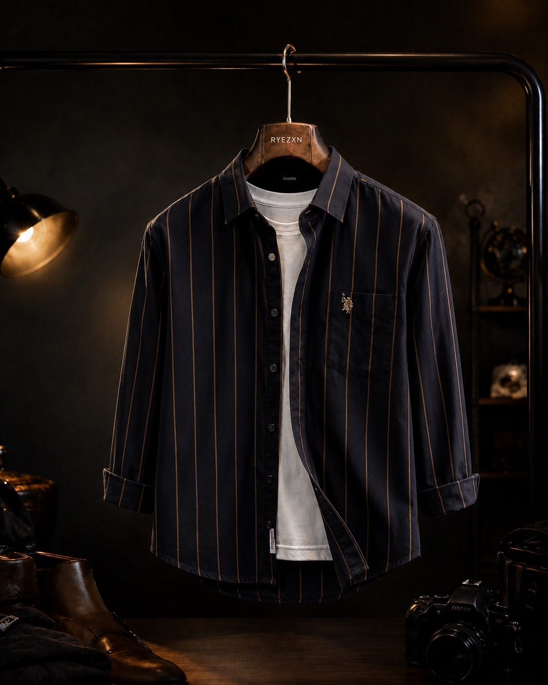 Midnight Black Pinstripe Overshirt — RYEZXN