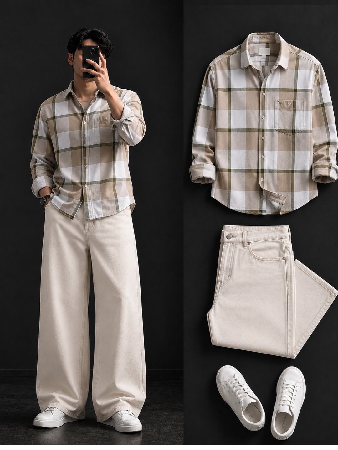Beige Plaid Shirt + Wide-Leg Cream Jeans Set