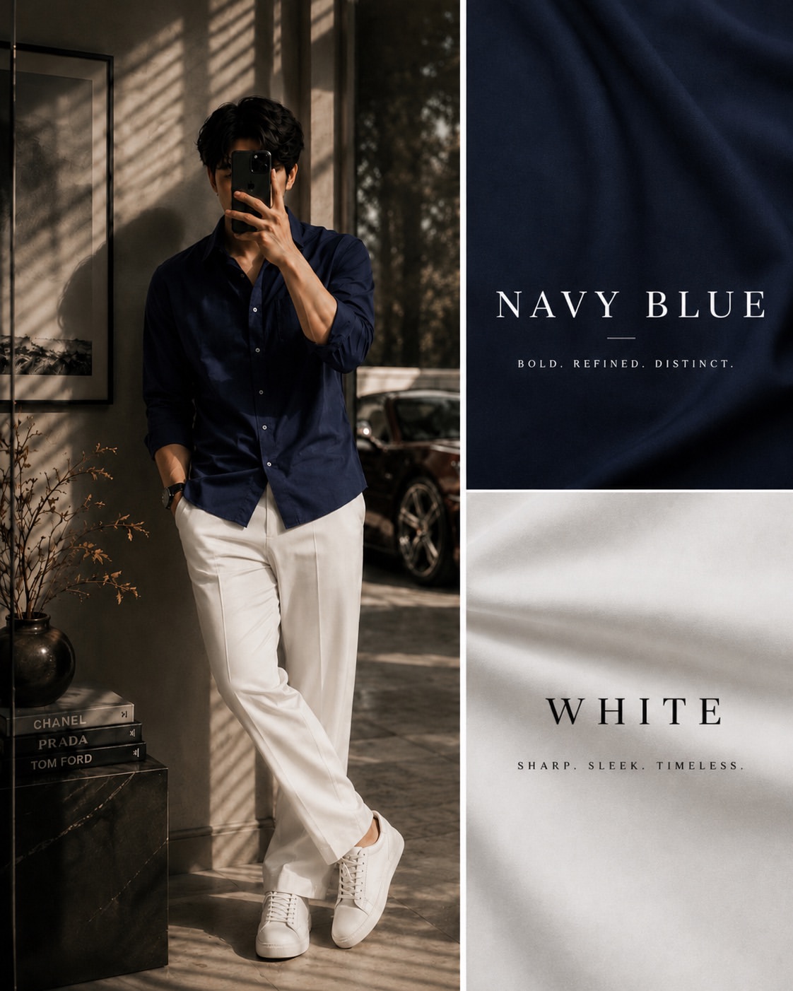 Navy Blue Oxford Shirt + White Wide-Leg Trousers 