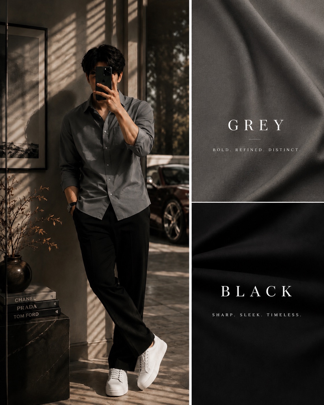 The Dark Luxury Lookbook Set — Grey Oxford Shirt + Black Wide-Leg Trousers + White Sneakers