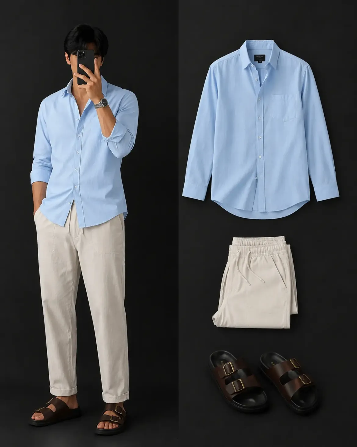 Sky Blue Oxford Shirt + Cream Linen Trousers + Dark Brown Buckle Sandals