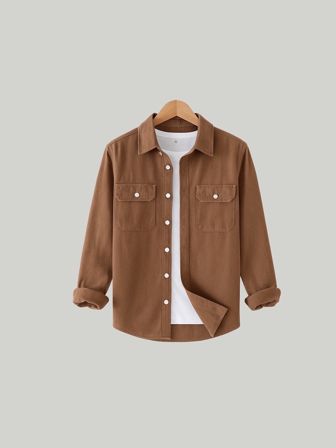 Camel Brown Denim Shacket — Dual Pocket Snap Button Overshirt