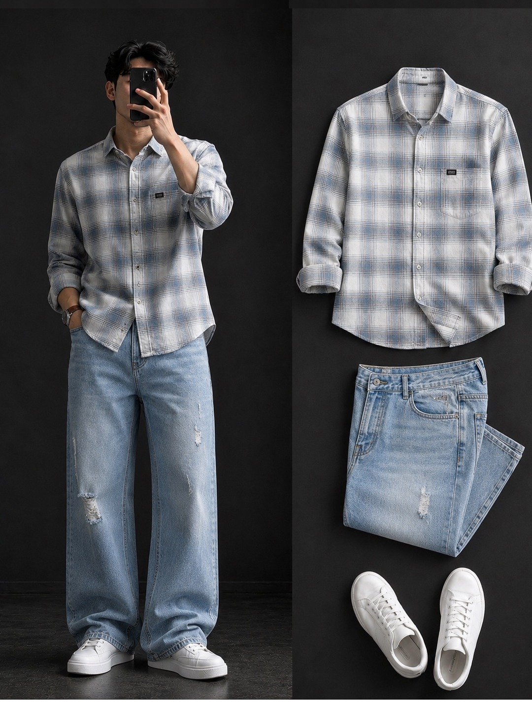 Grey Blue Plaid Shirt + Wide-Leg Ripped Light Wash Jeans Set  ---