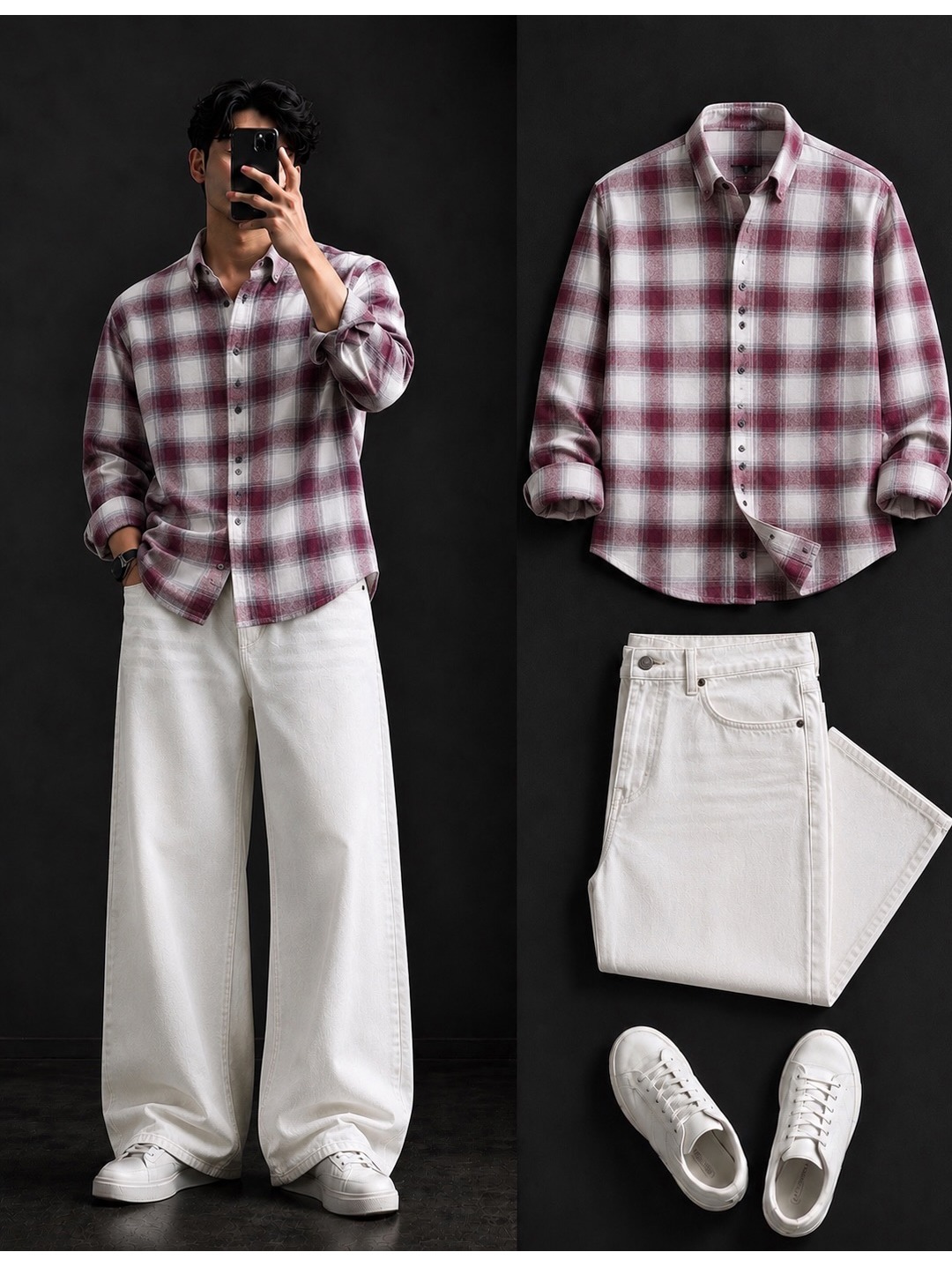 Dusty Rose Plaid Shirt + Wide-Leg White Jeans Set