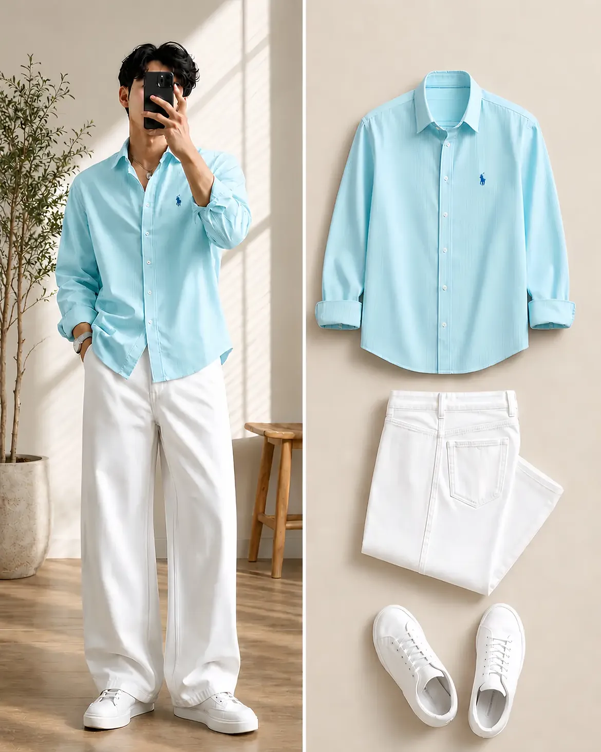 🩵🤍 Aqua Blue Polo Ralph Lauren Oxford Shirt + White Wide-Leg Jeans + White Sneakers