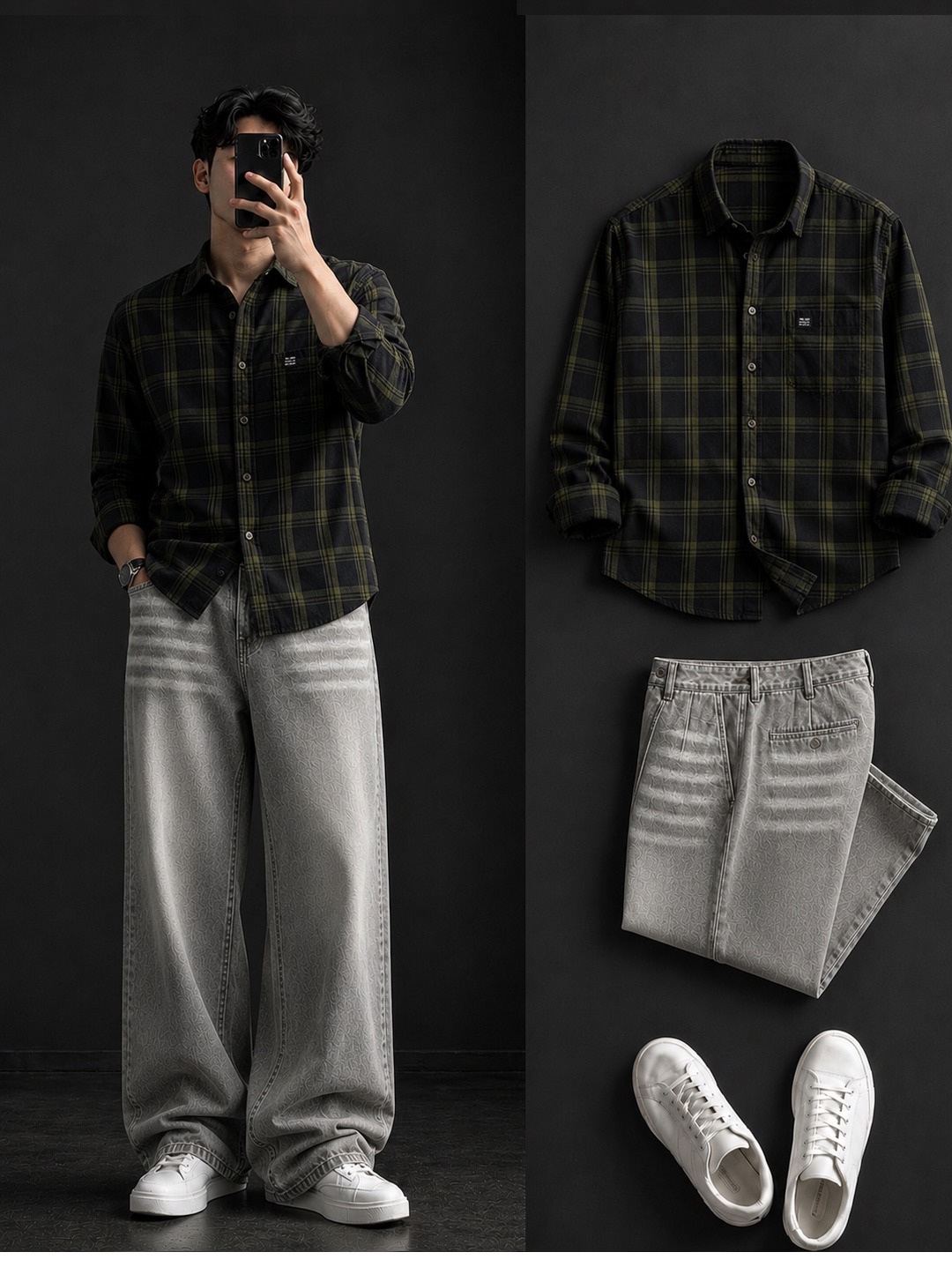  Dark Olive Plaid Shirt + Wide-Leg Light Grey Jeans Set