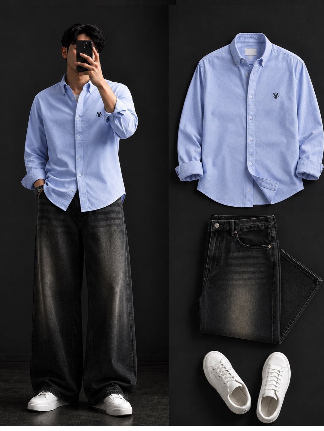 Grey Pinstripe Shirt + Wide-Leg Black Trousers Set
