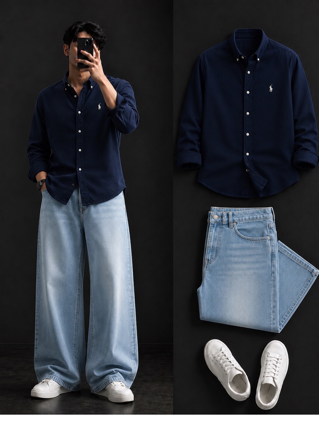 Navy Oxford Polo Shirt + Wide-Leg Light Wash Jeans Set