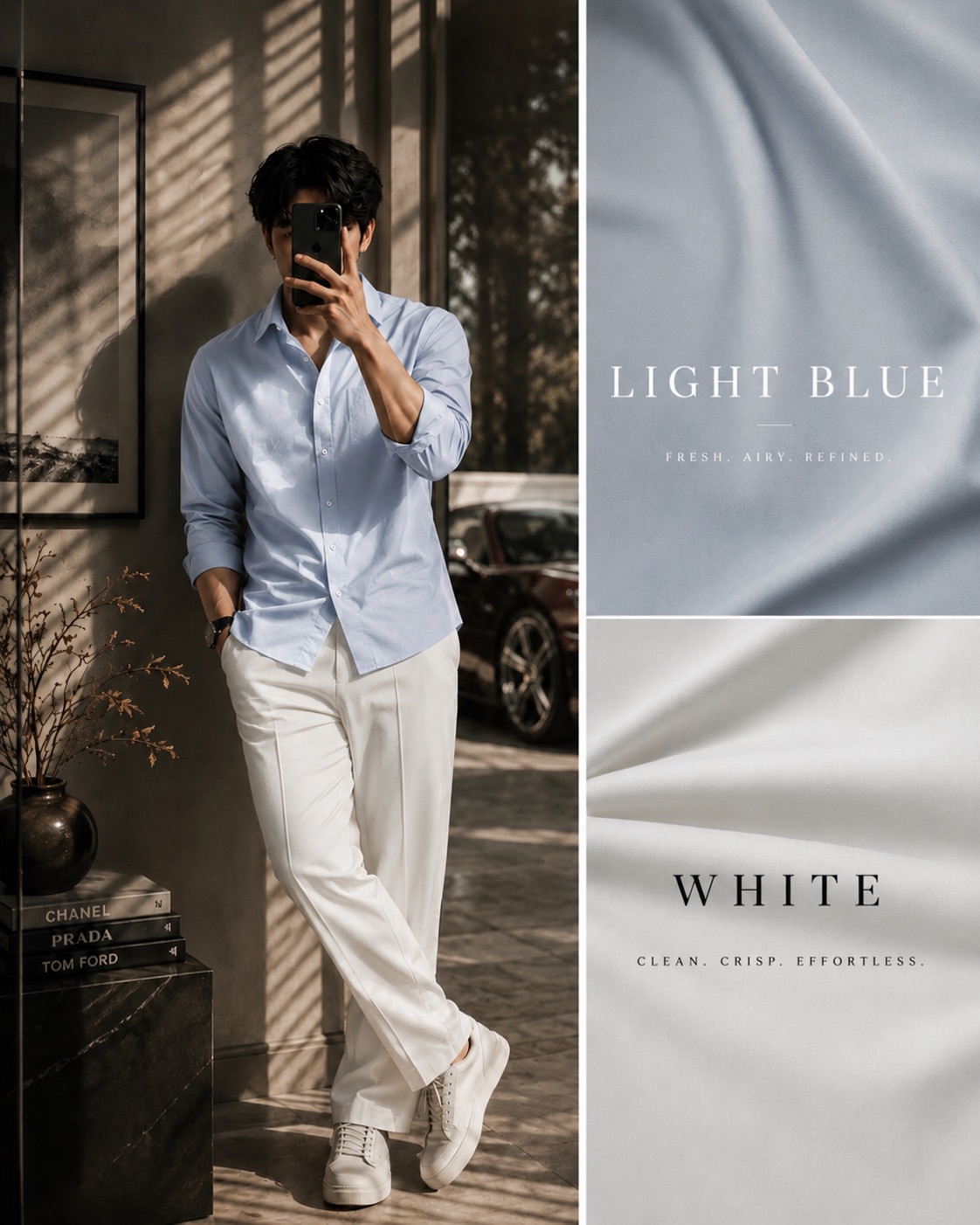 Light Blue Oxford Shirt + White Wide-Leg Trousers + White Sneakers