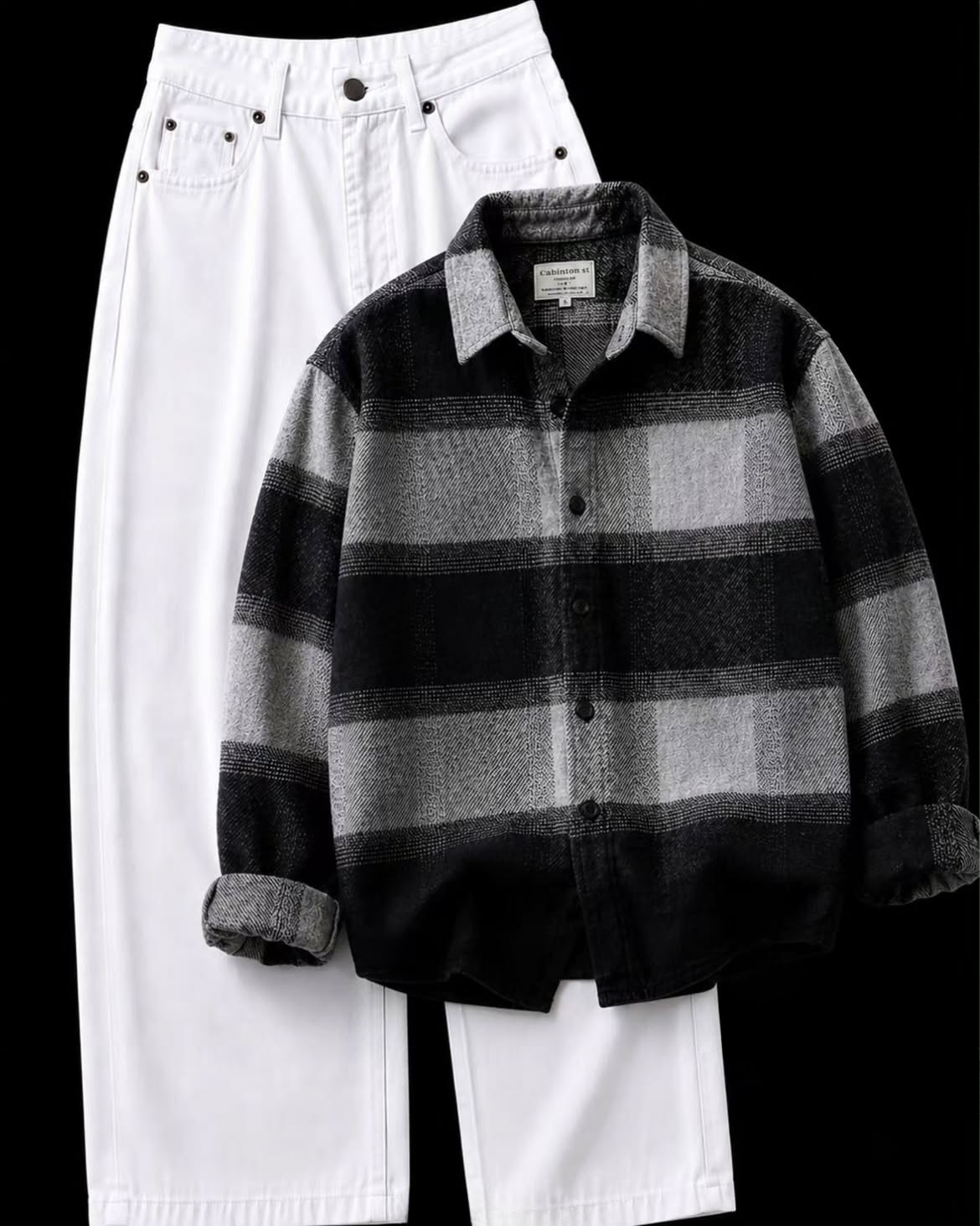  Black & Grey Buffalo Plaid Flannel Overshirt + White Wide-Leg Jeans