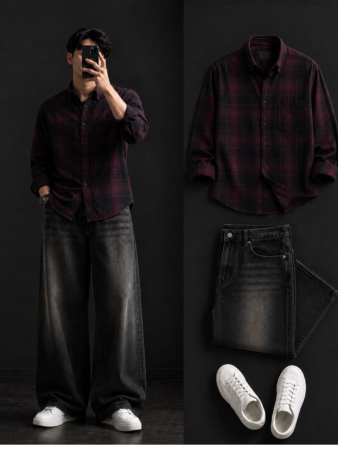 Deep Burgundy & Black Plaid Shirt + Wide-Leg Washed Black Jeans Set