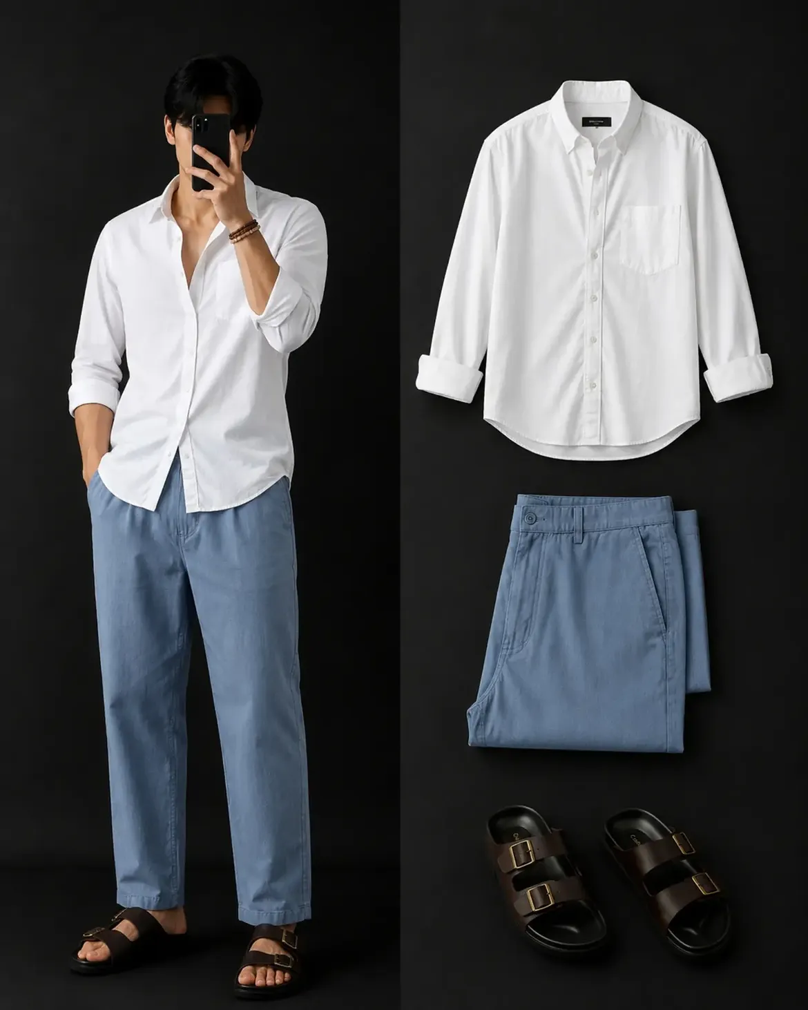 White Oxford Shirt + Steel Blue Linen Trousers + Dark Brown Leather Sandals