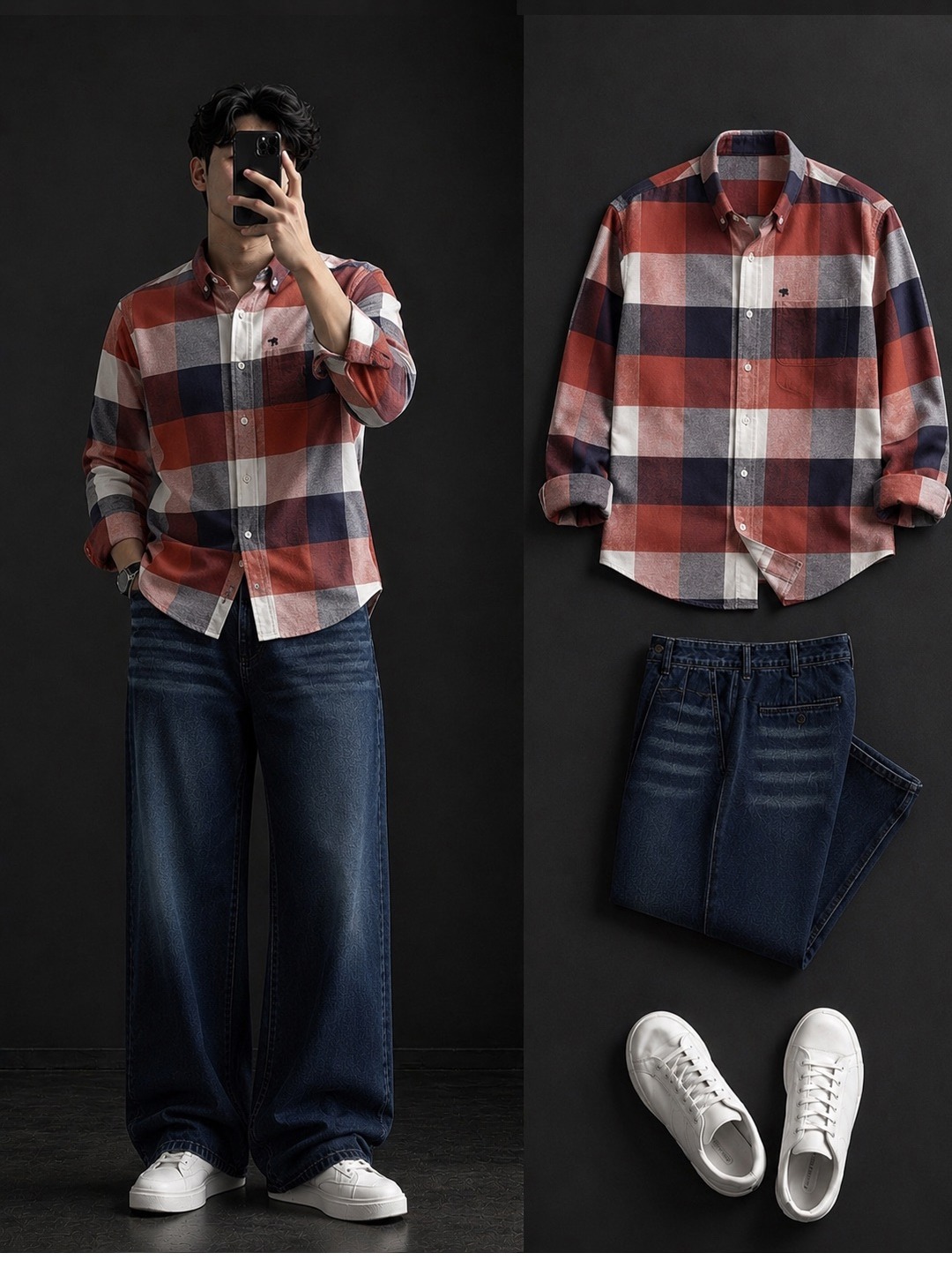 Red & Navy Bold Plaid Shirt + Wide0Leg Dark Wash Jeans Set
