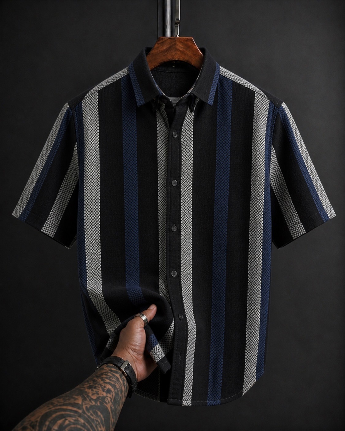 Black & Navy Textured Vertical Stripe Half Sleeve Shirt