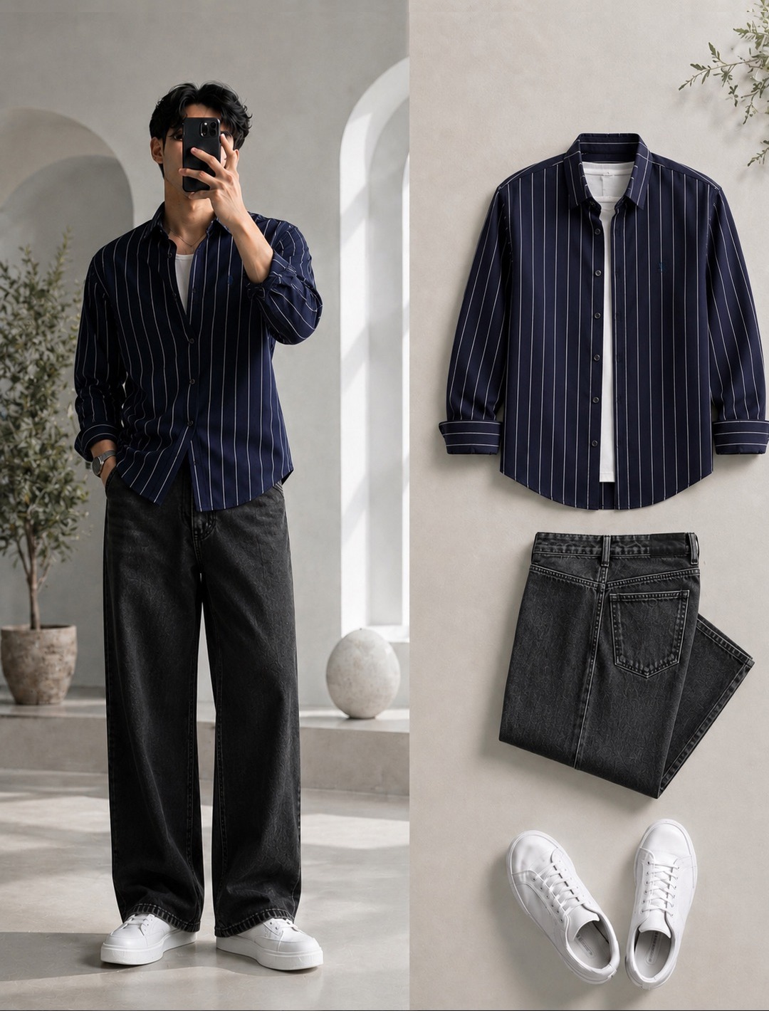 Navy Pinstripe Shirt + Wide-Leg Washed Black Jeans Set