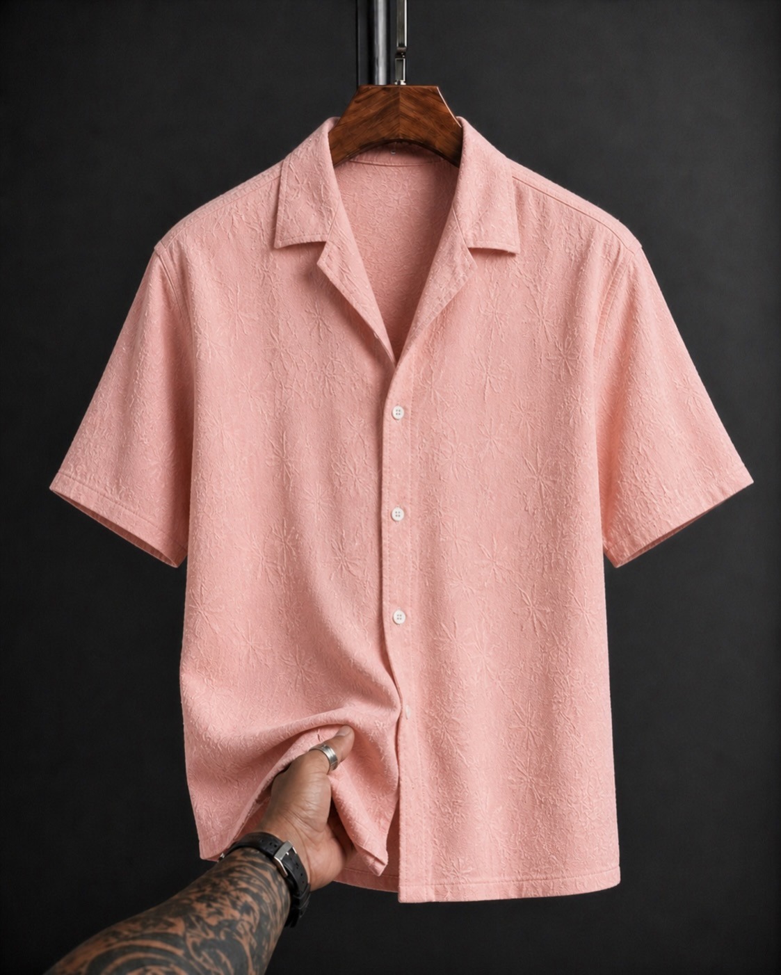 Blush Pink Floral Jacquard Cuban Collar Half Sleeve Shirt