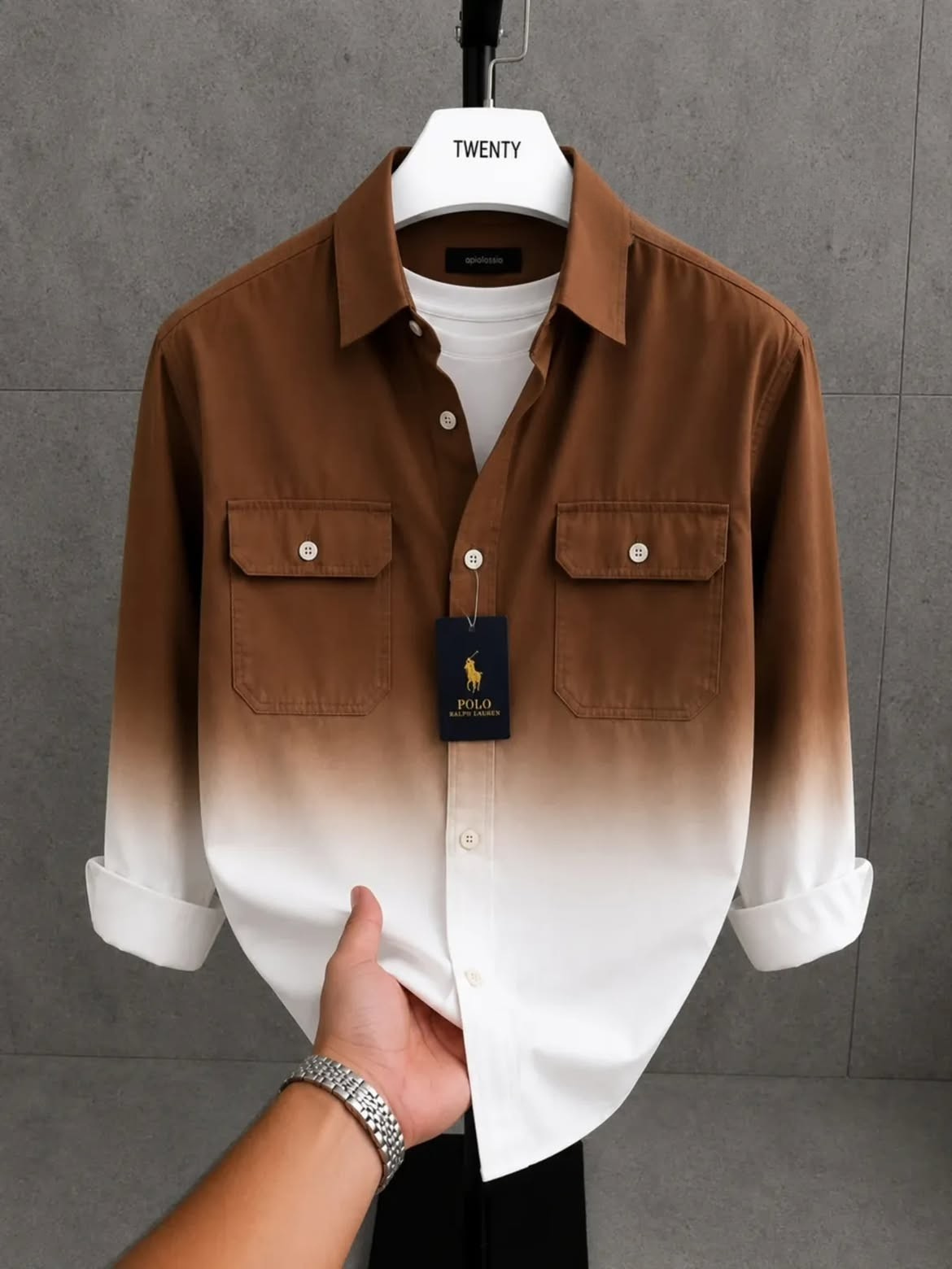 Caramel Brown-to-White Ombre Dual Pocket Polo Ralph Lauren Overshirt