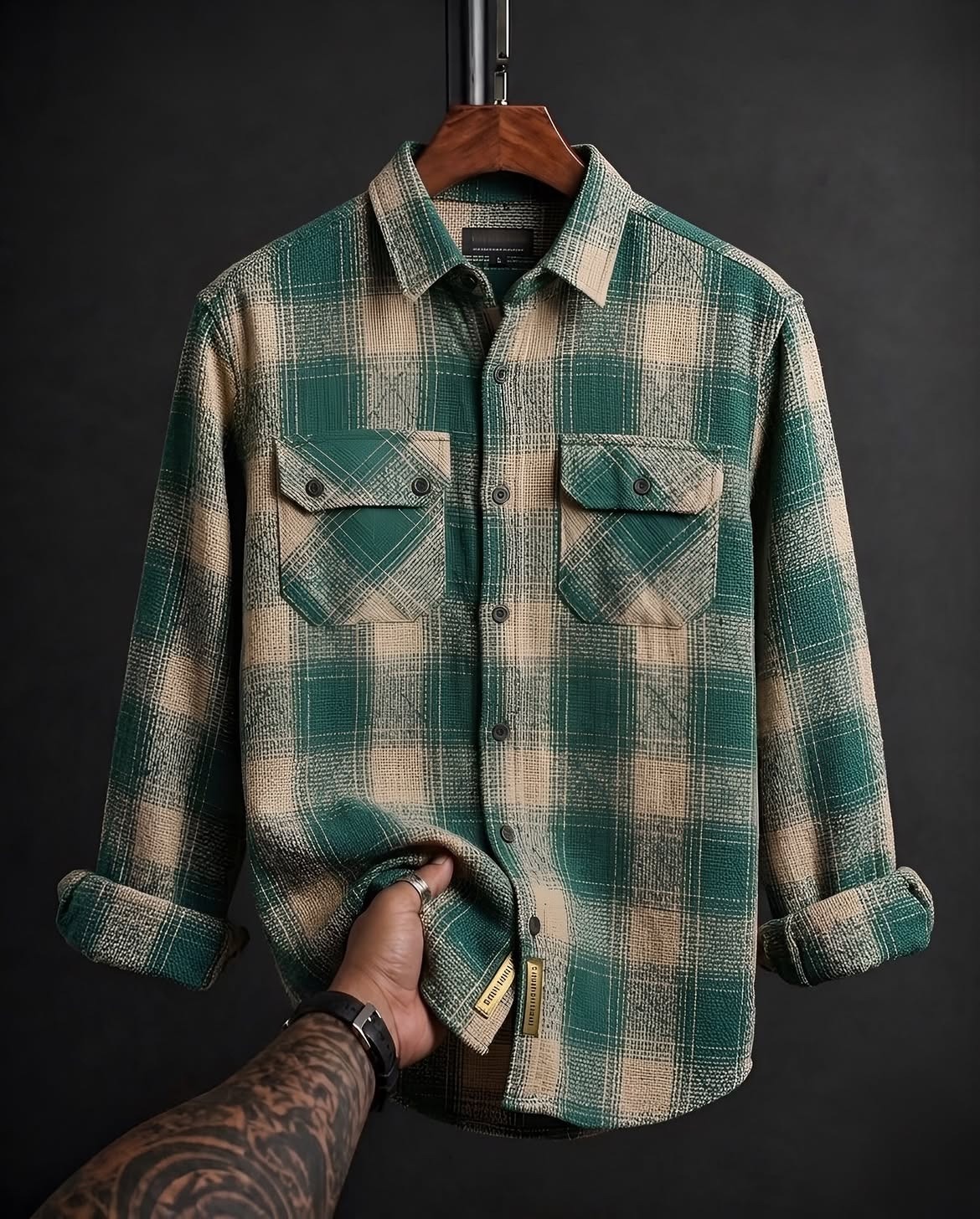 Forest Green & Beige Heavy Plaid Flannel Shacket — Dual Pocket