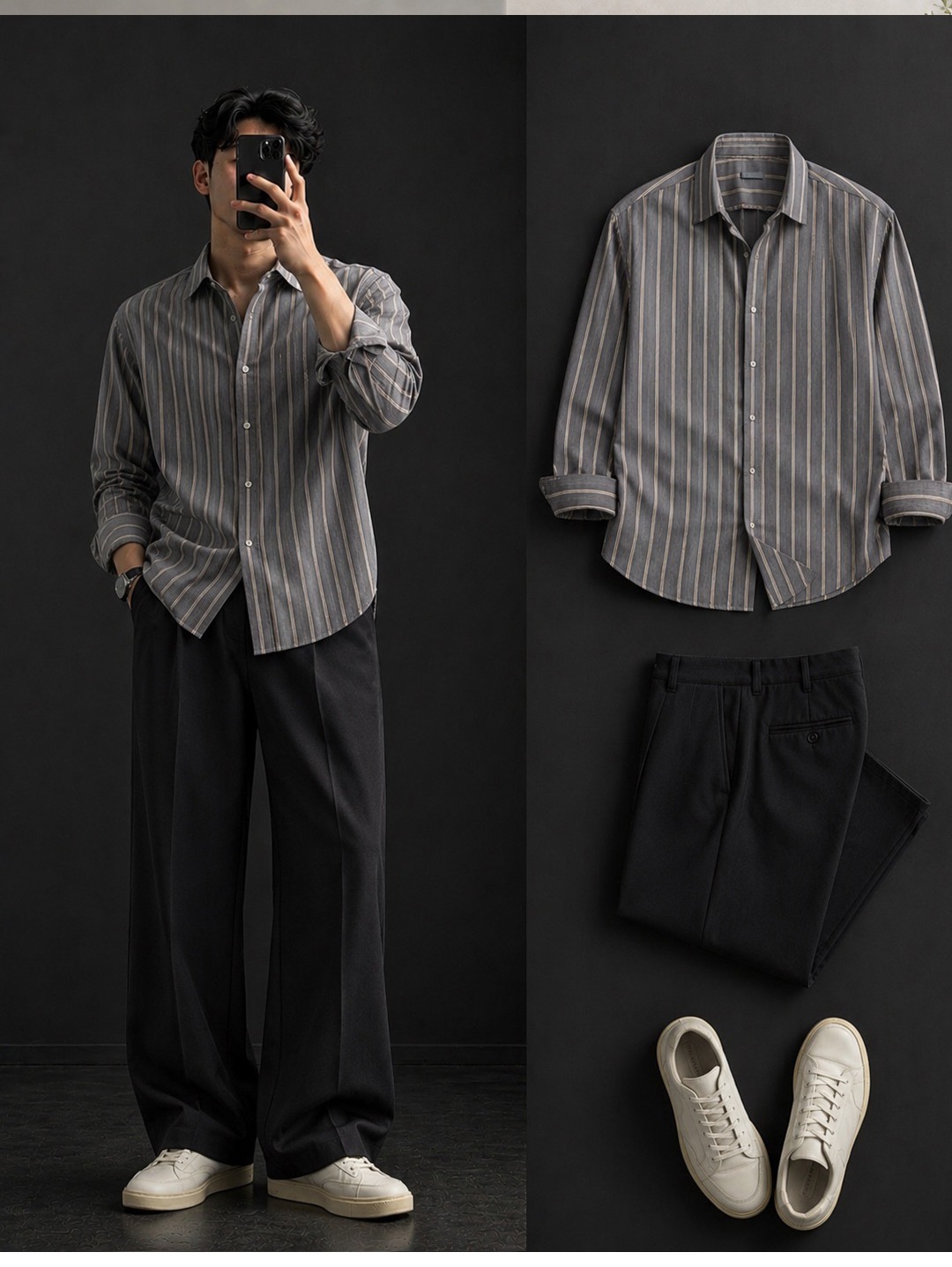 Grey Pinstripe Shirt + Wide-Leg Black Trousers Set