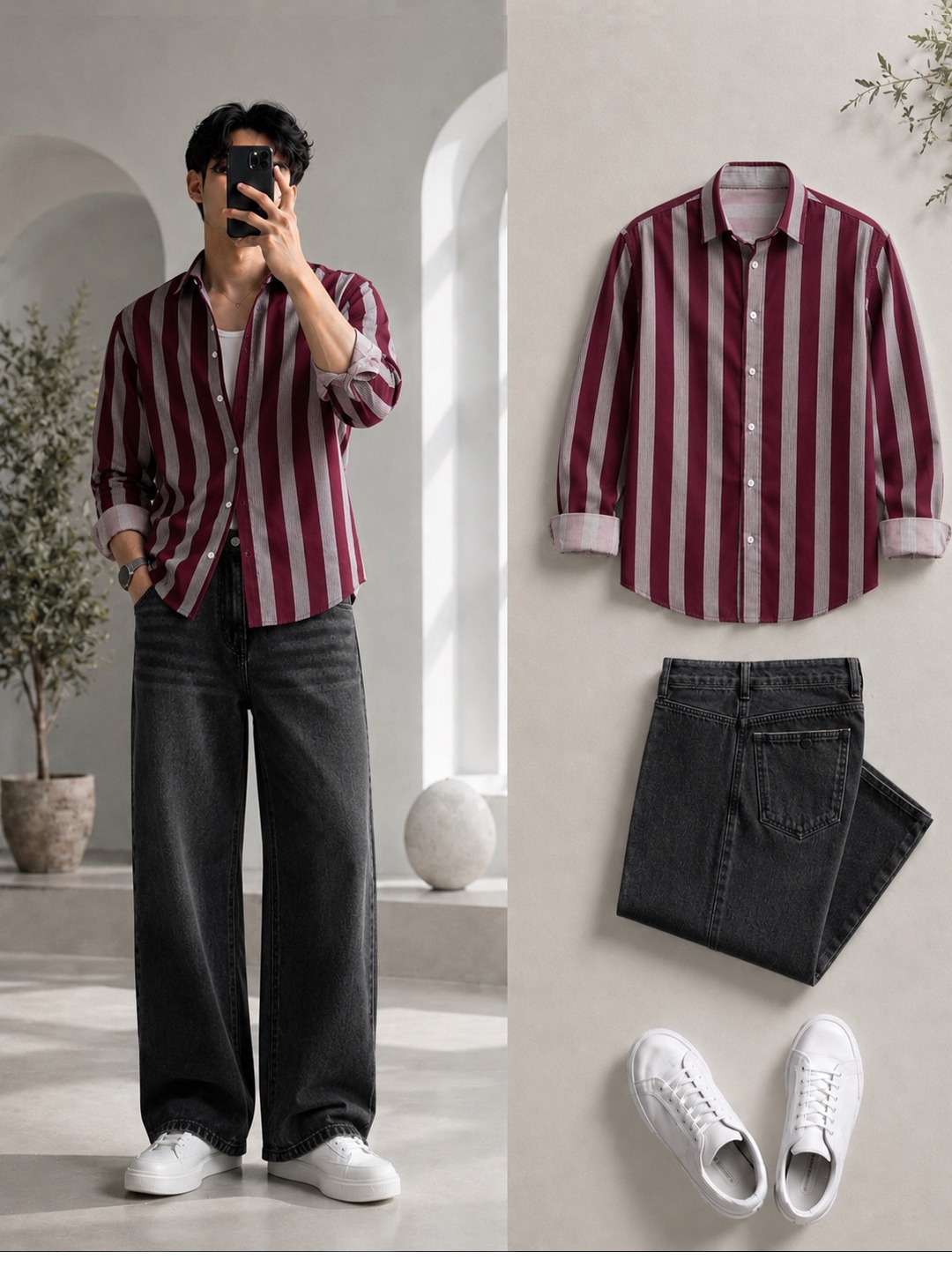 Burgundy Bold Stripe Shirt + Wide-Leg Washed Black Jeans Set