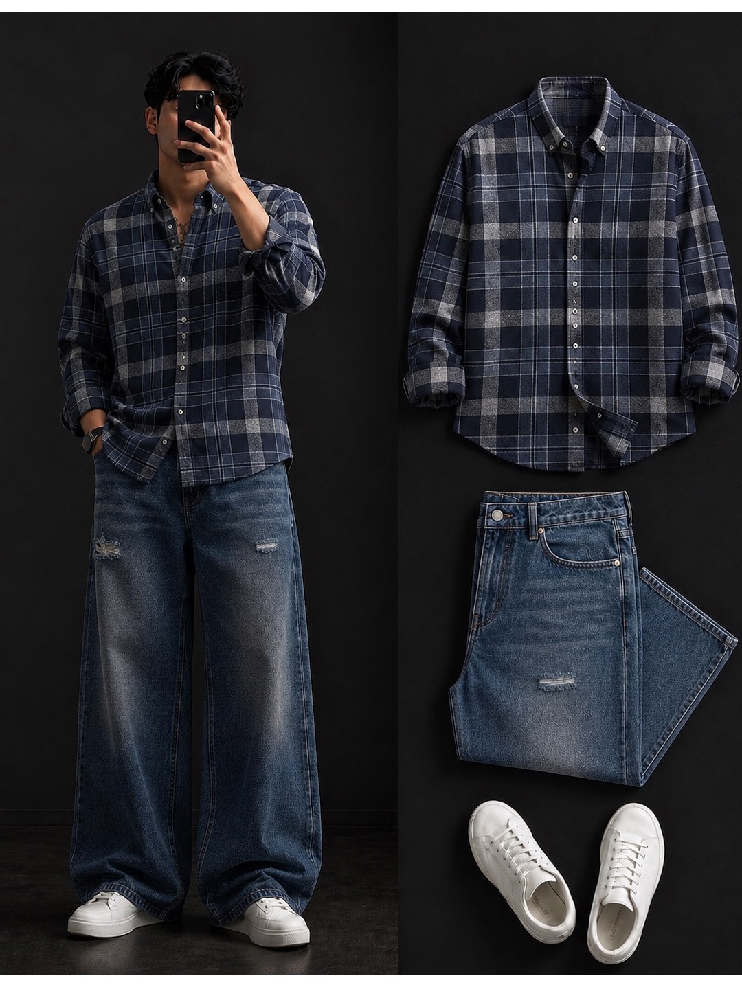 Navy Blue Plaid Flannel Shirt + Wide-Leg Distressed Jeans Set  Description: Raw and rugged