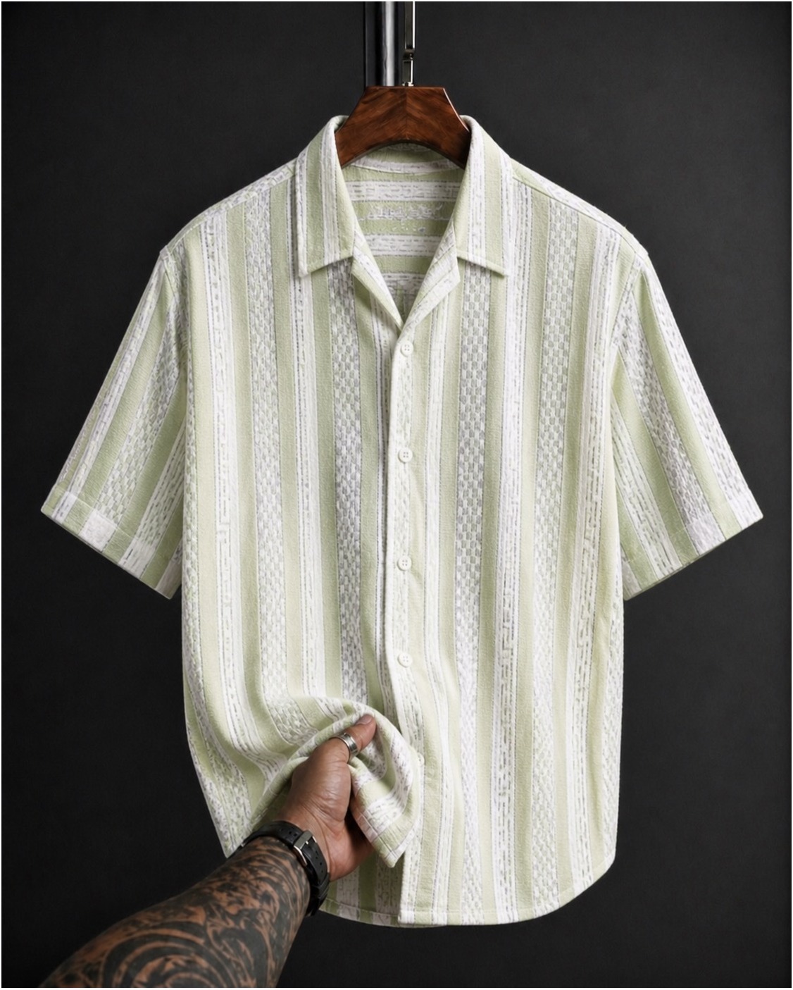 Sage Green & Cream Textured Stripe Cuban Collar Half Sleeve Shirt