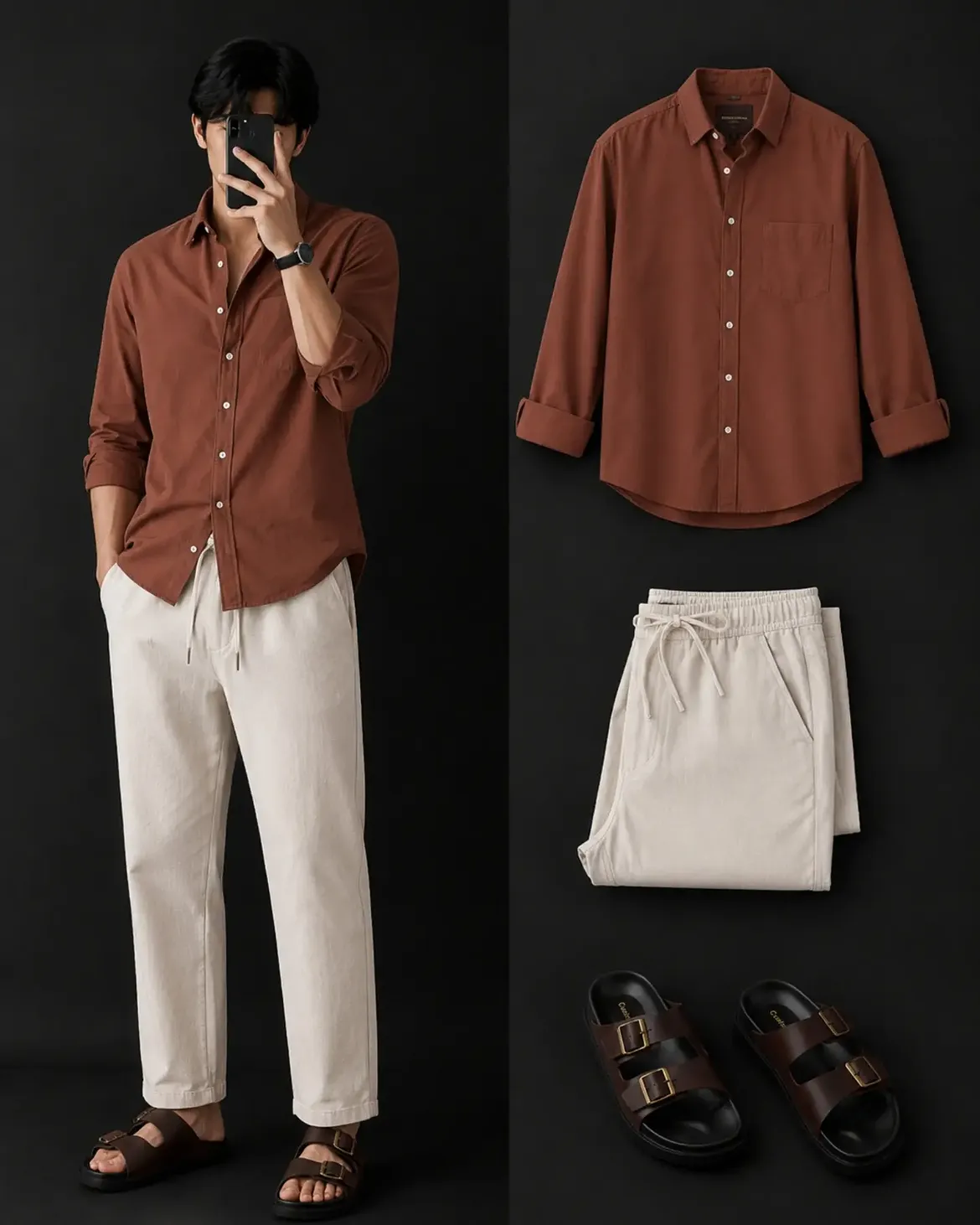  Rust Brown Oxford Shirt + Cream Linen Drawstring Trousers + Dark Brown Leather Sandals