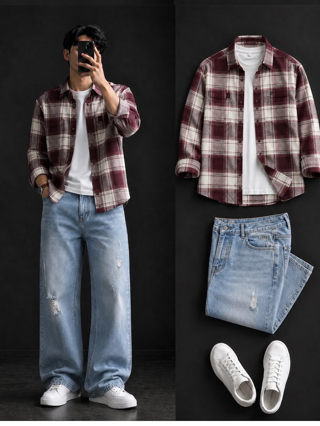 Maroon Plaid Overshirt + Wide-Leg Ripped Jeans Set
