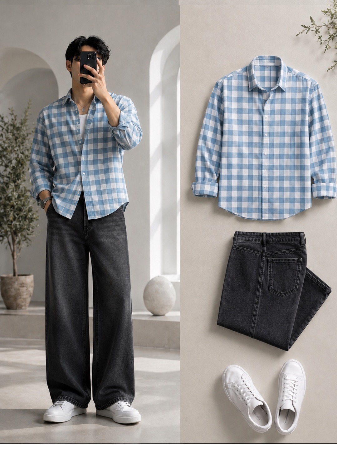 Sky Blue Gingham Check Shirt + Wide-Leg Washed Black Jeans Set
