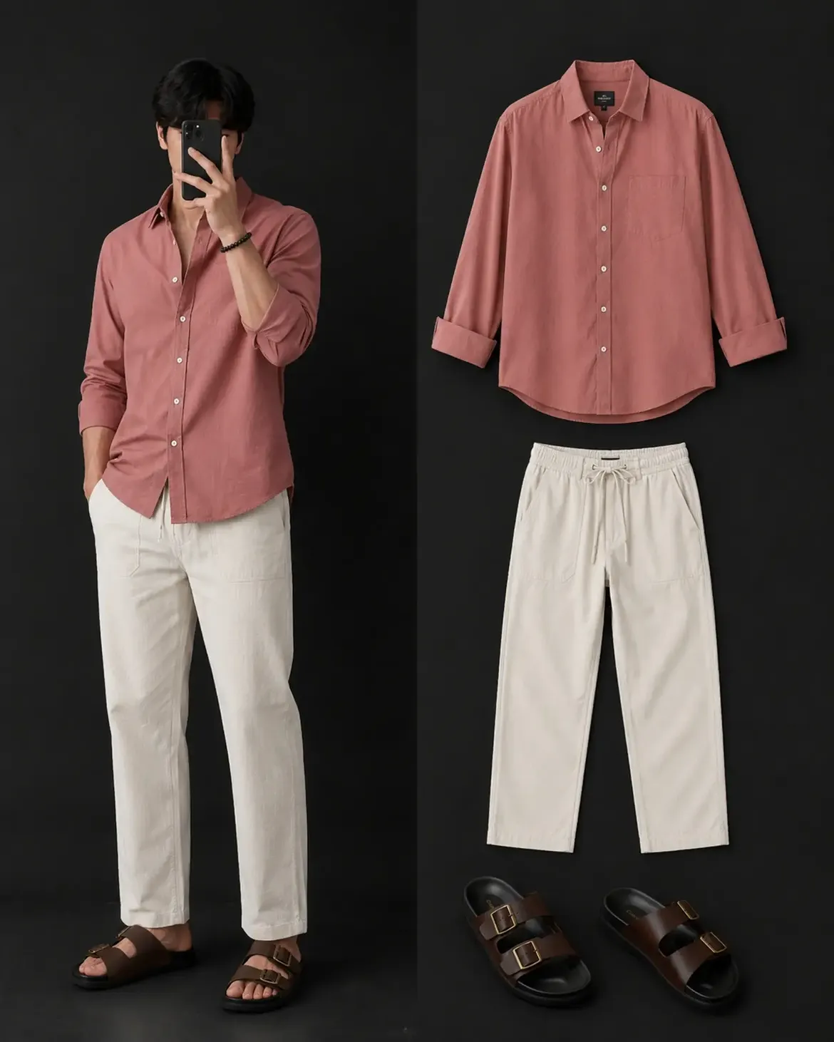  Dusty Rose Oxford Shirt + Cream Linen Drawstring Trousers + Dark Brown Leather Sandals
