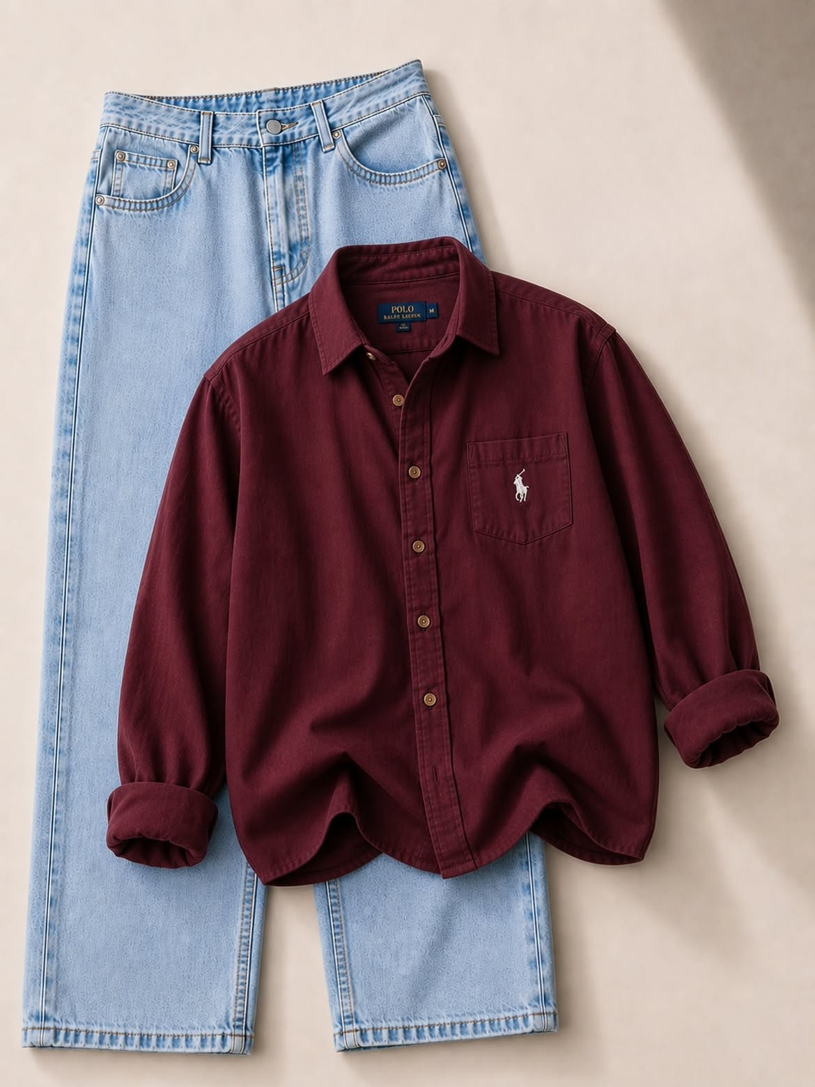  Burgundy Polo Ralph Lauren Oxford Shirt + Light Wash Wide-Leg Jeans