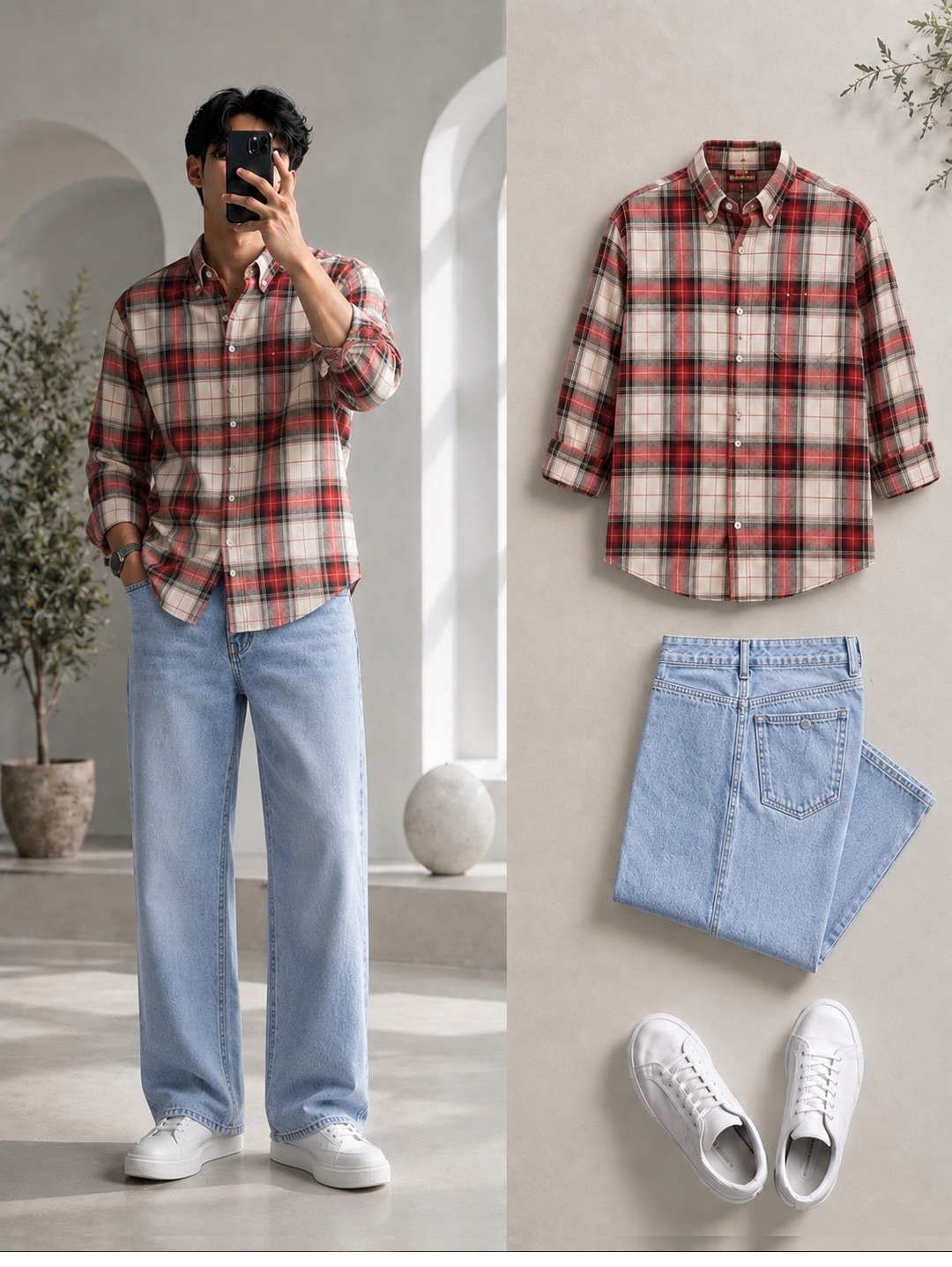 Red Plaid Flannel Shirt + Wide-Leg Light Wash Jeans Set