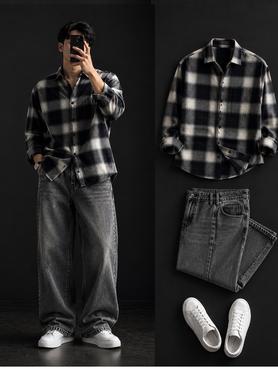 Black & White Buffalo Check Shirt + Wide-Leg Grey Jeans Set