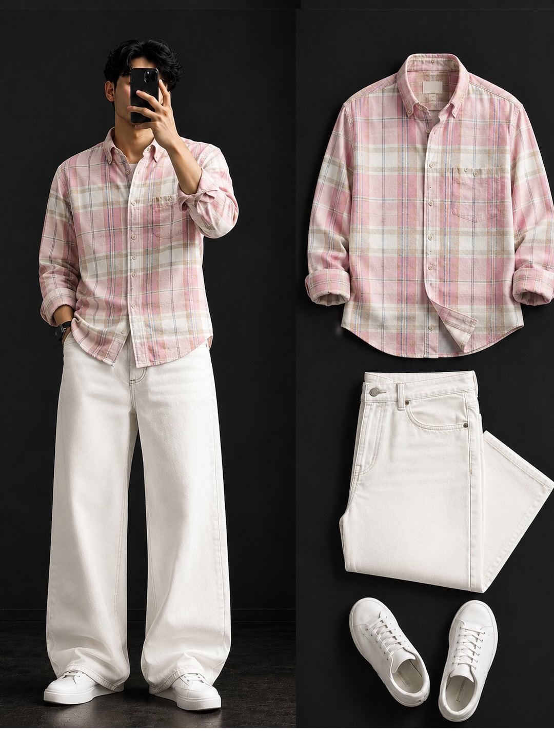  Blush Pink Plaid Shirt + Wide-Leg White Jeans Set