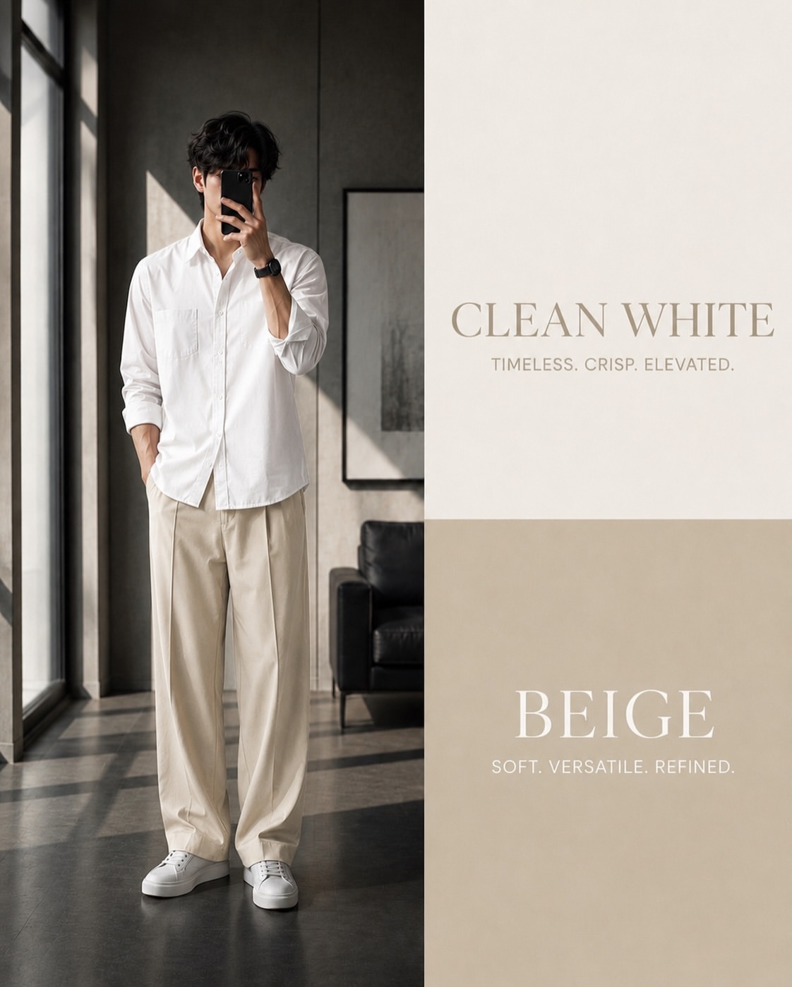 Clean White Oxford Shirt + Beige Wide-Leg Trousers + White Sneakers