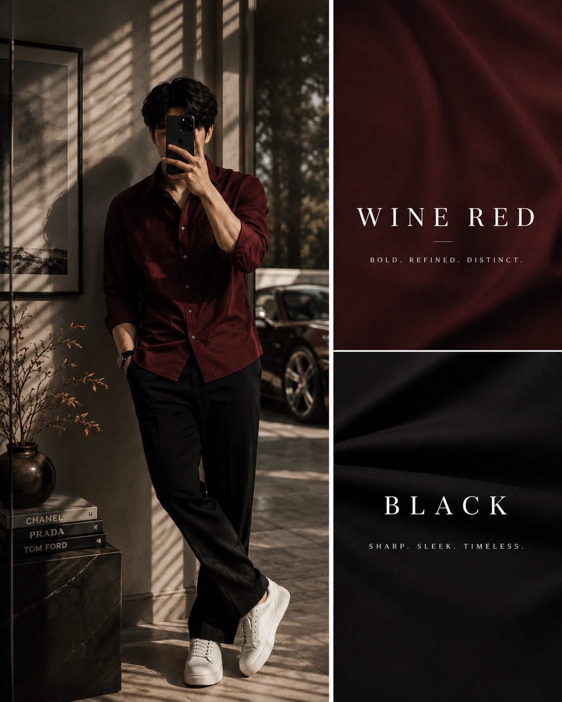Deep Wine Red Oxford Shirt + Black Wide-Leg Trousers + White Sneakers