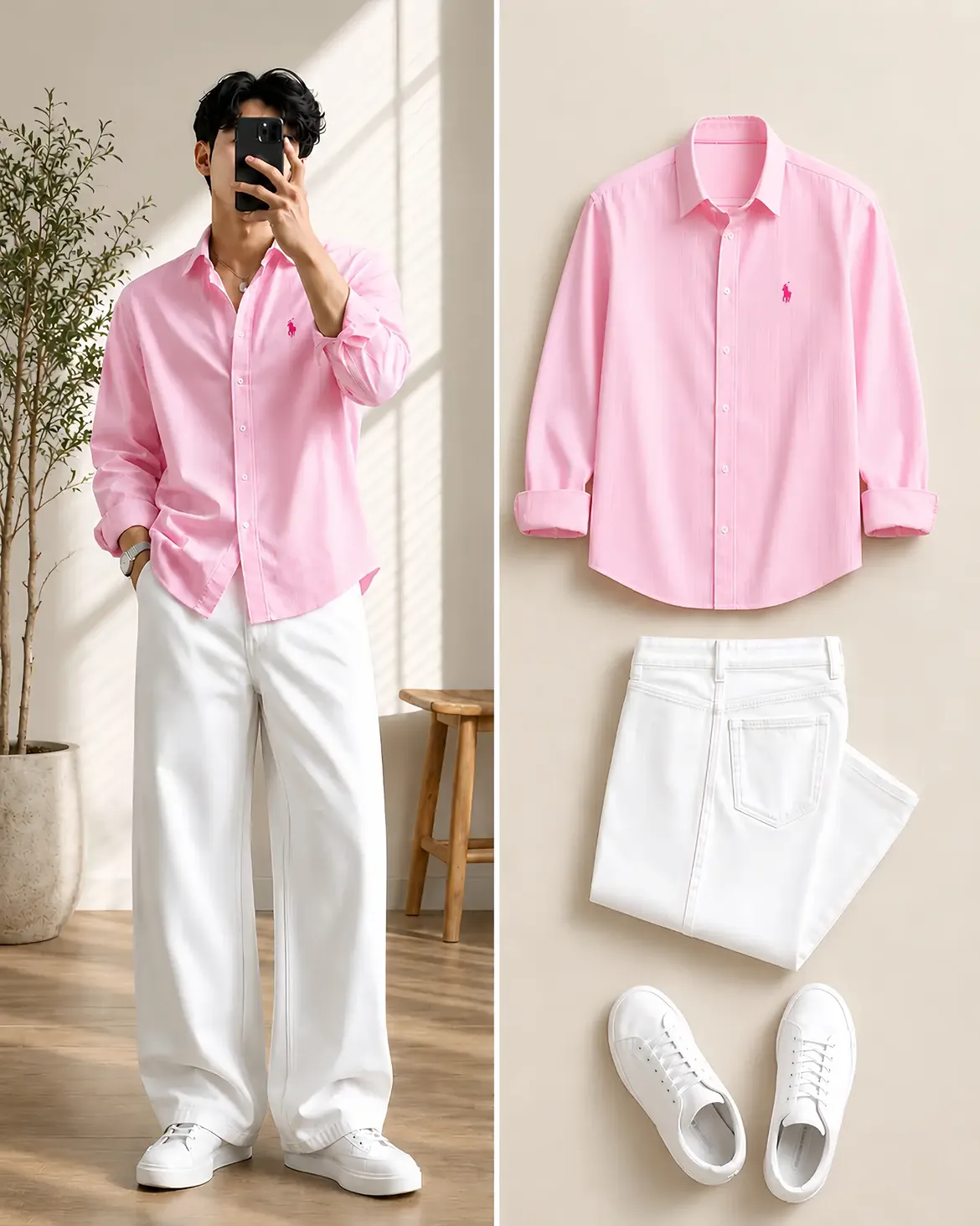Pink Polo Ralph Lauren Oxford Shirt + White Wide-Leg Jeans + White Sneakers