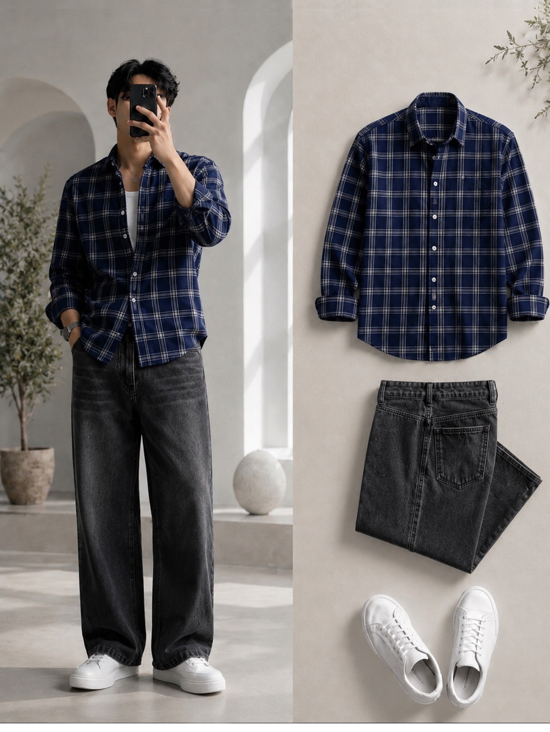 Navy Blue Plaid Check Shirt + Wide-Leg Washed Black Jeans Set