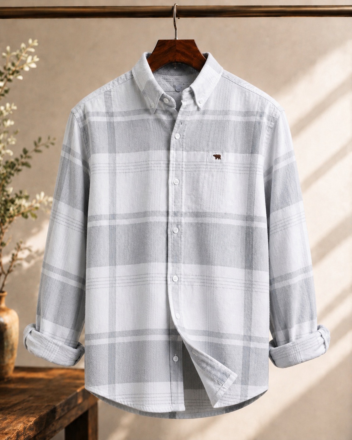 Light Grey & White Large Plaid Oxford Shirt — Bear Pocket Embroidery