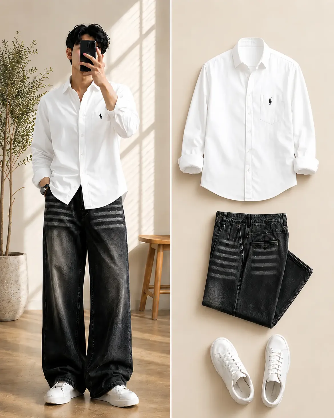  The Clean Contrast Lookbook Set — Polo Ralph Lauren Oxford Shirt + White Wide-Leg Jeans + White Sneakers