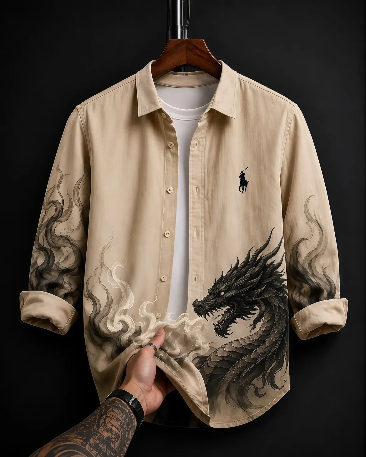 Khaki Beige Black Dragon Polo Ralph Lauren Overshirt — BudgetFitzz