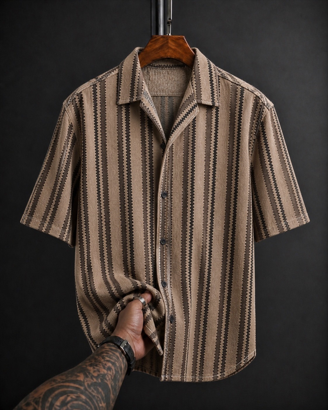 Khaki Aztec Jacquard Cuban Collar Half Sleeve Shirt