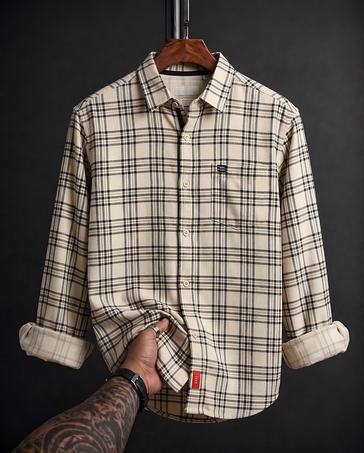 Cream & Brown Tartan Plaid Flannel Shirt — Chest Pocket