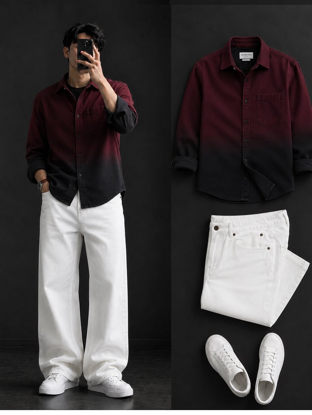 Mai Burgundy to Black Ombre Shirt + Wide-Leg White Jeans Set