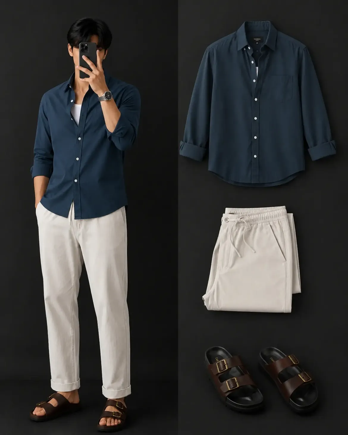  Navy Blue Oxford Shirt + Cream Linen Drawstring Trousers + Dark Brown Leather Sandals