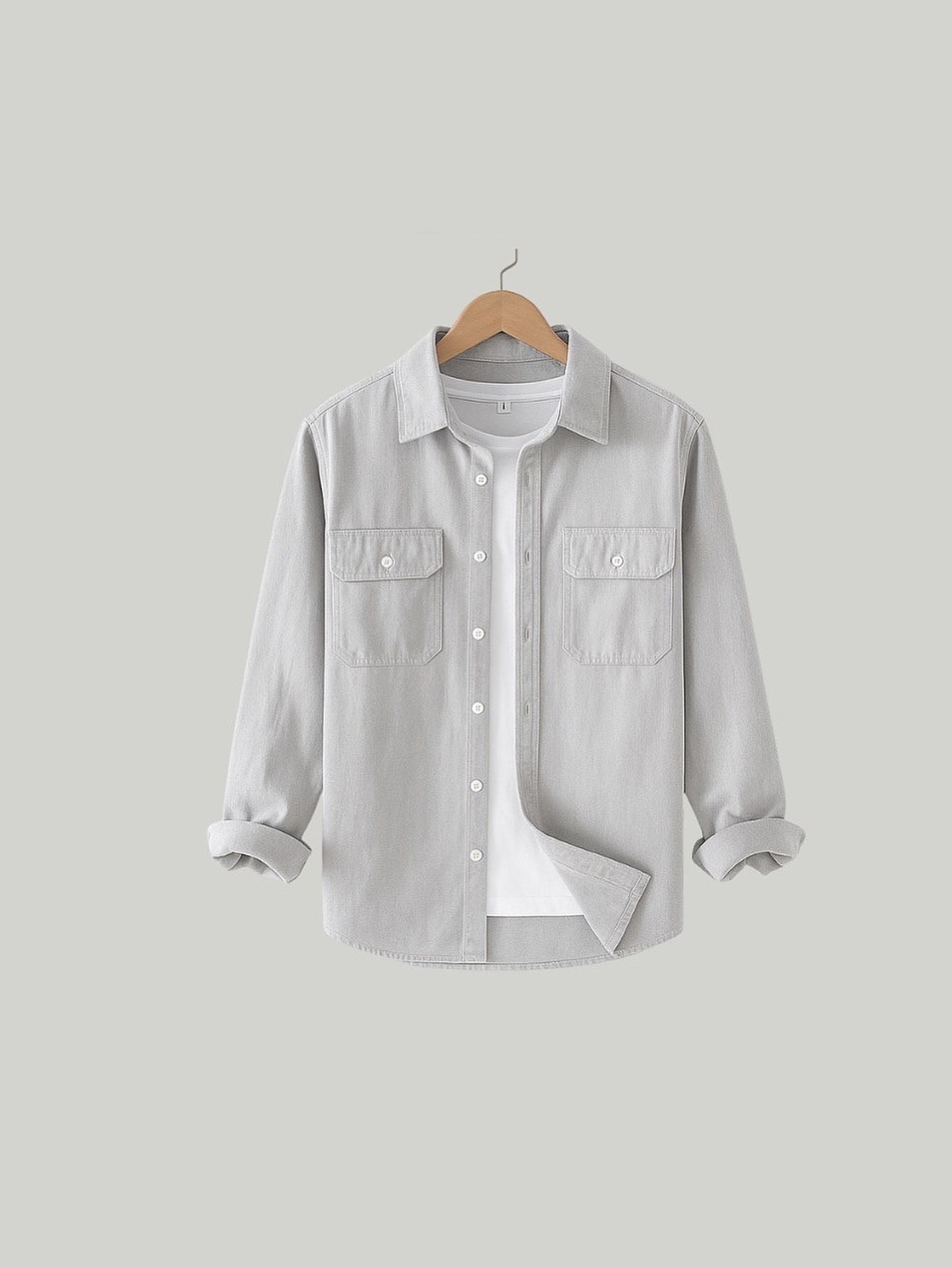  Light Grey Dual Pocket Snap Button Shacket