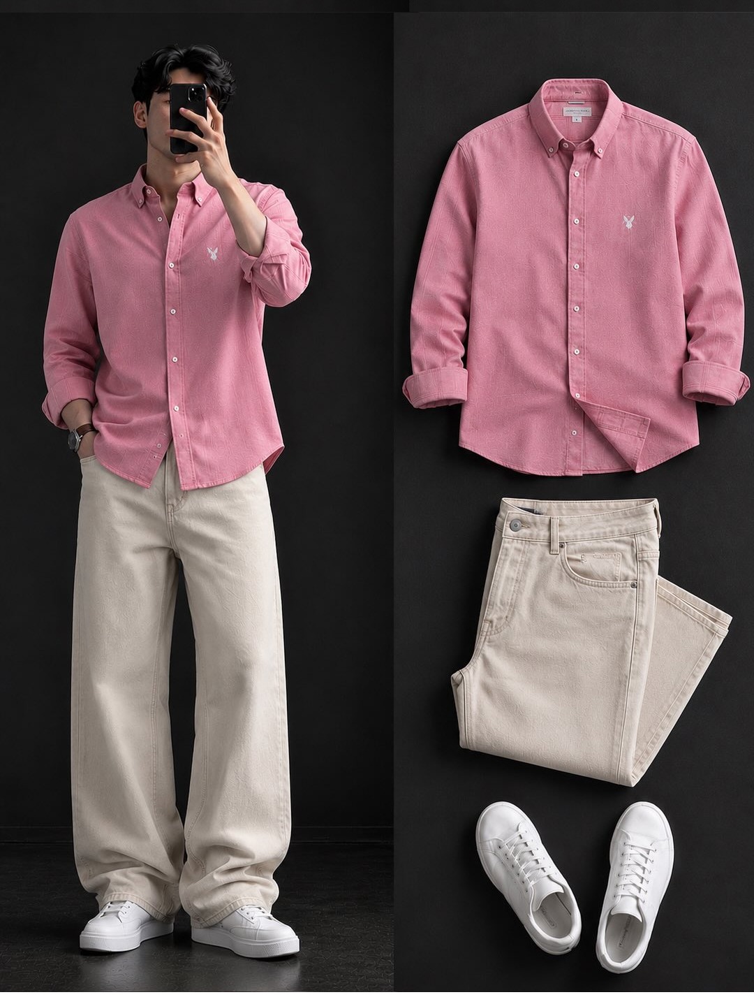 Pink Oxford Shirt + Wide-Leg Cream Jeans Set