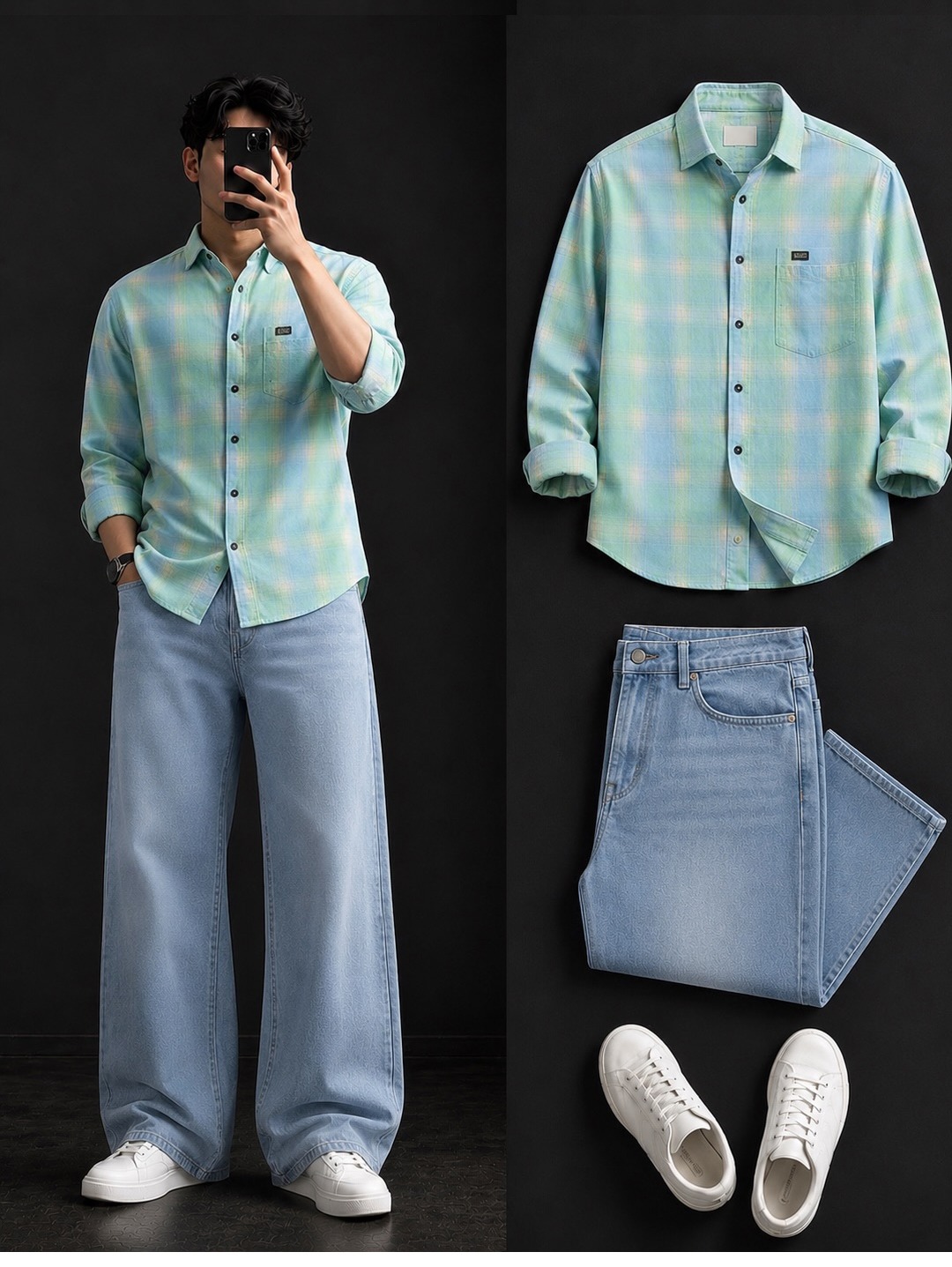 Mint & Sky Blue Pastel Plaid Shirt + Wide-Leg Light Wash Jeans Set